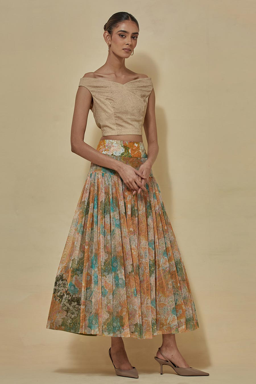 Off-Shoulder Crop Top With Printed Skirt