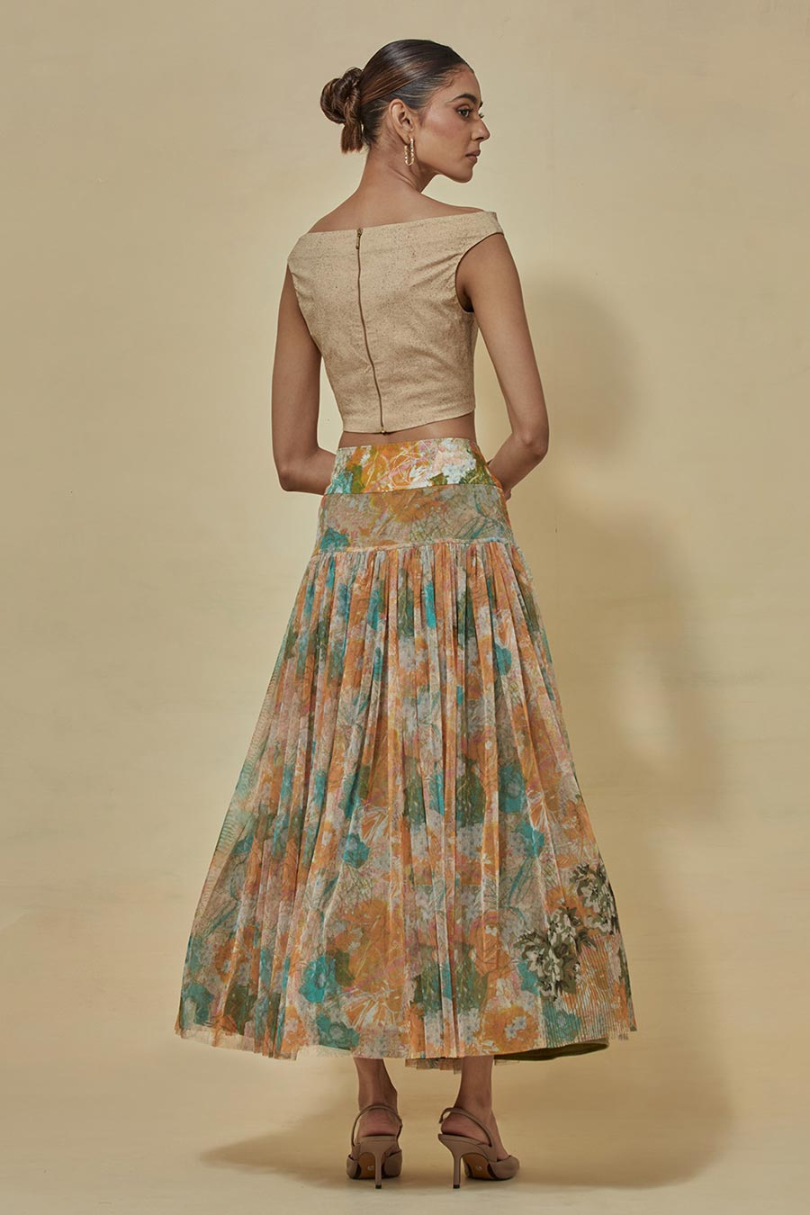 Off-Shoulder Crop Top With Printed Skirt