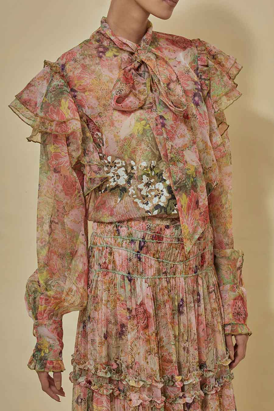 Printed Organza Shirt With Chiffon Tiered Skirt