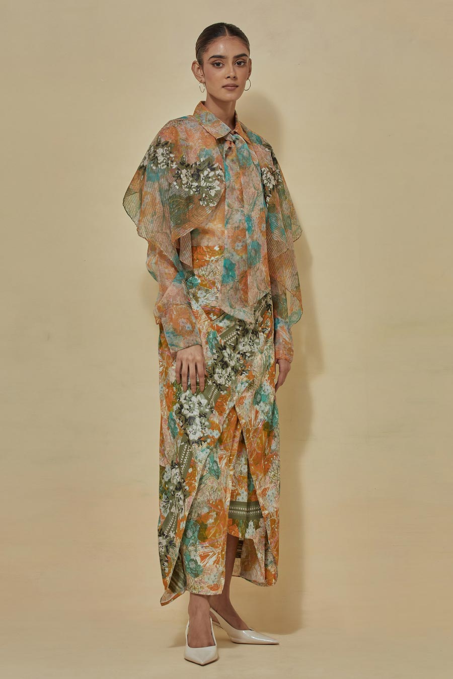 Printed Organza Shirt With Printed Draped Skirt