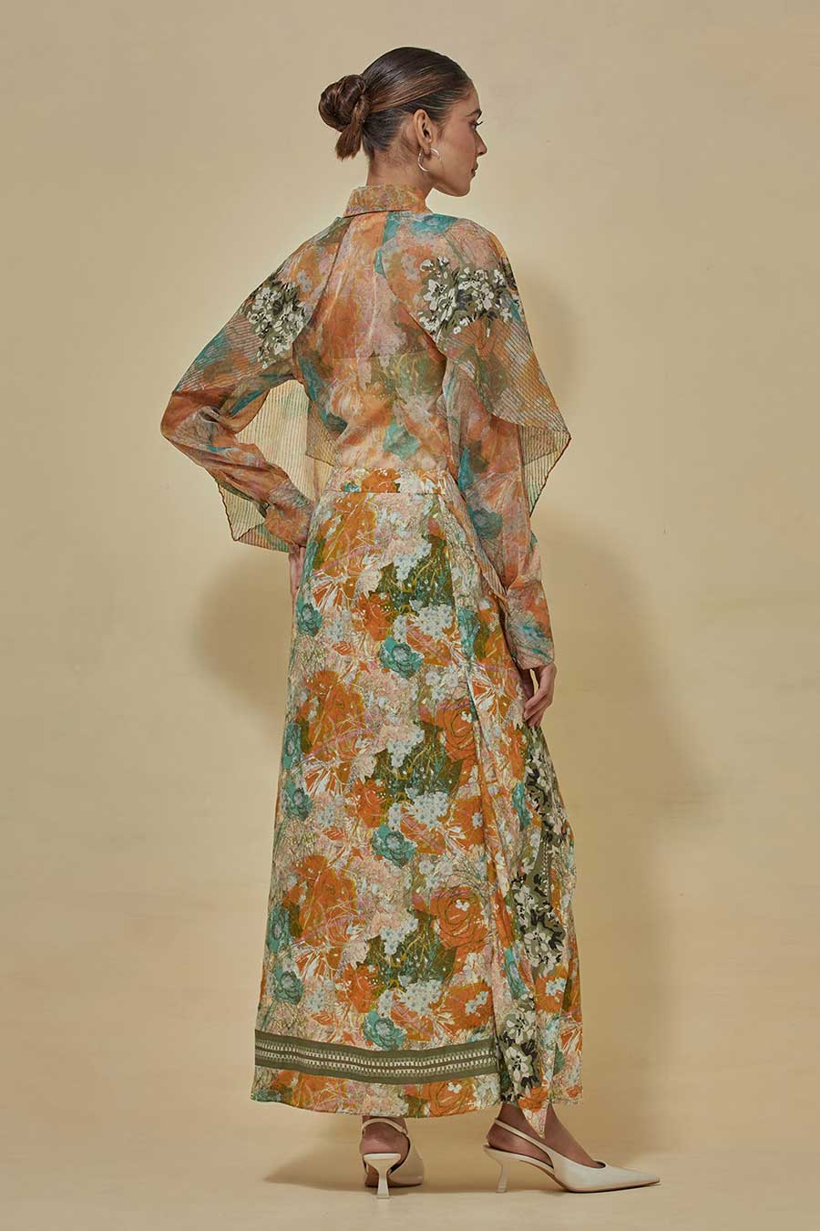 Printed Organza Shirt With Printed Draped Skirt