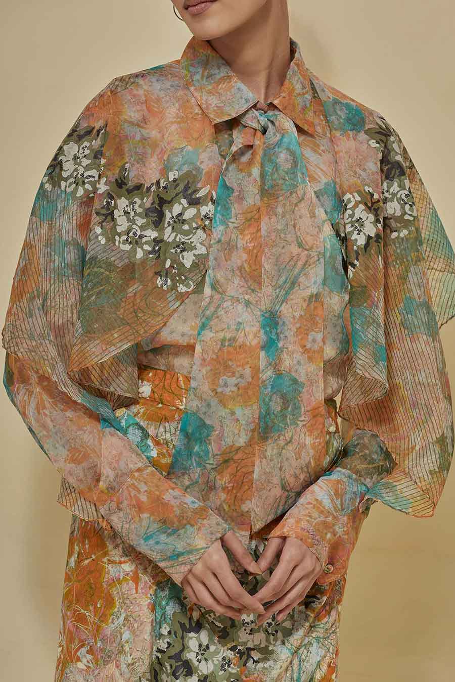 Printed Organza Shirt With Printed Draped Skirt
