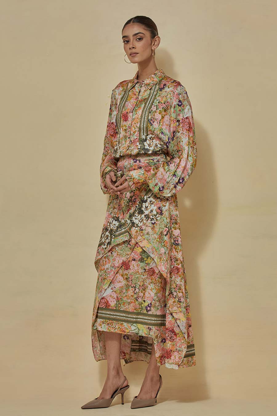 Printed Satin Shirt With Printed Draped Skirt