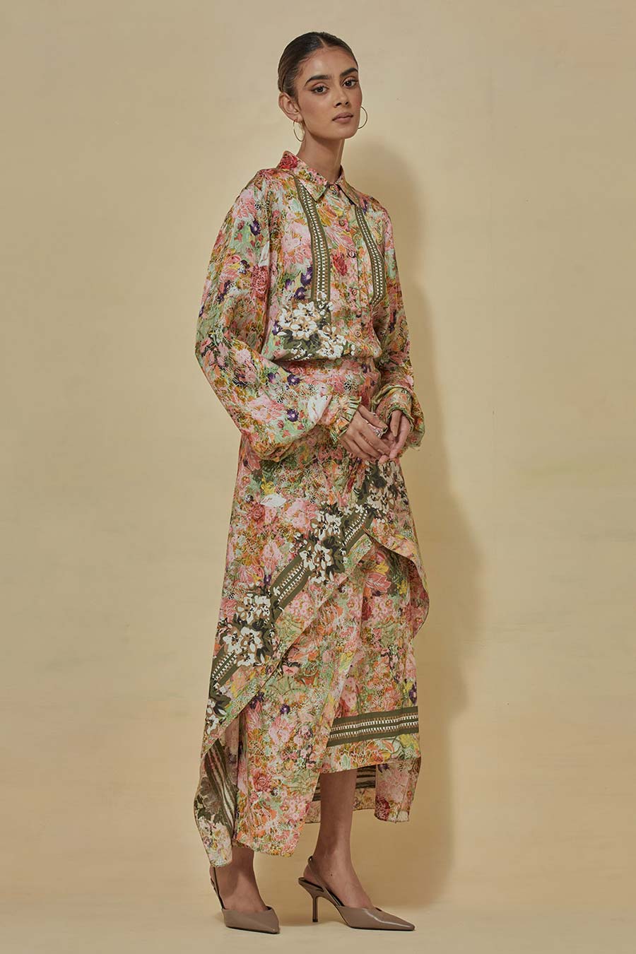 Printed Satin Shirt With Printed Draped Skirt