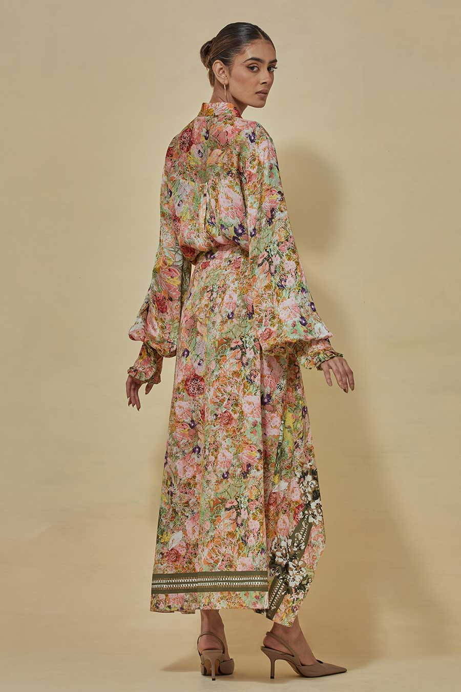 Printed Satin Shirt With Printed Draped Skirt