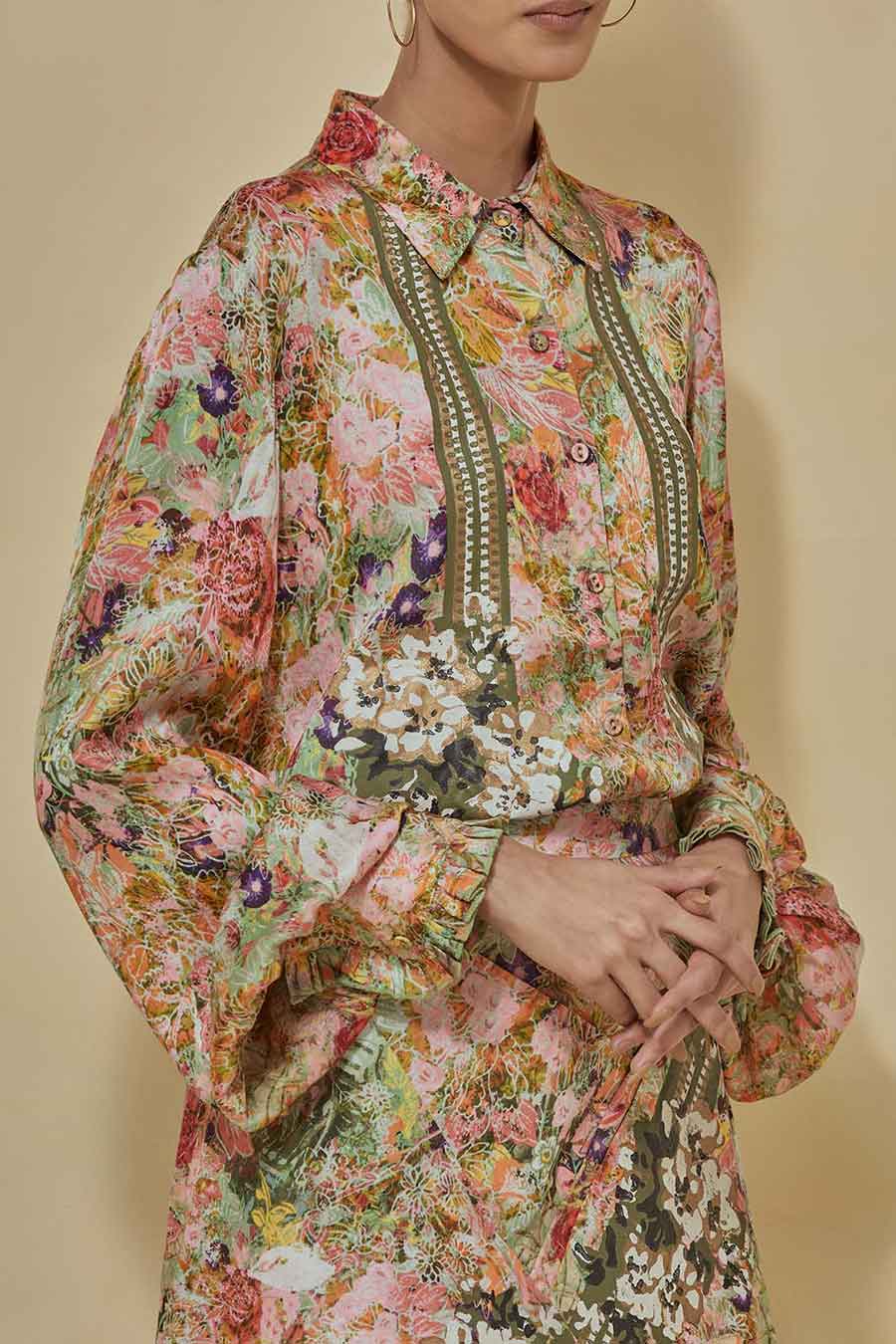 Printed Satin Shirt With Printed Draped Skirt