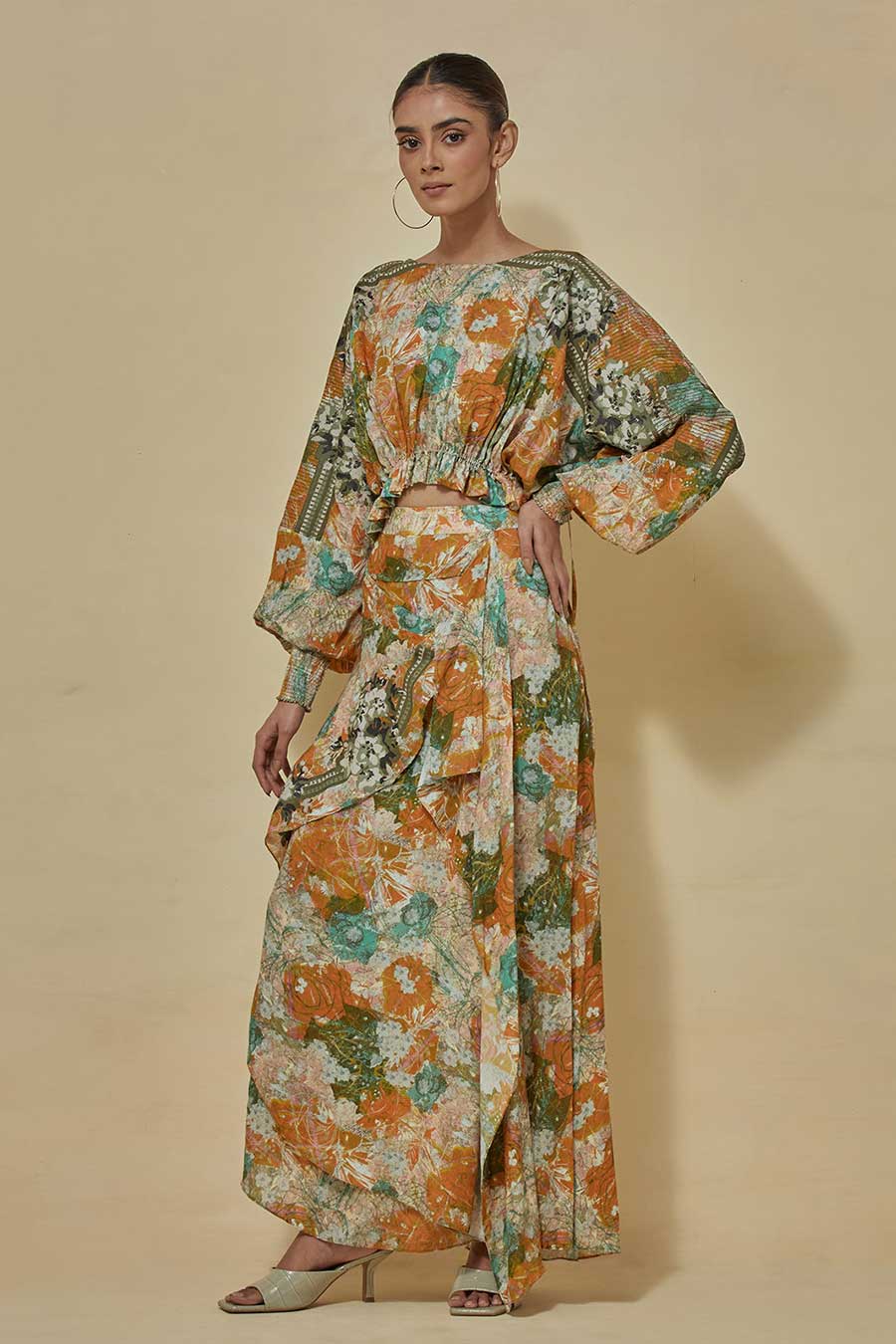 Printed Crop Top With Printed Draped Skirt