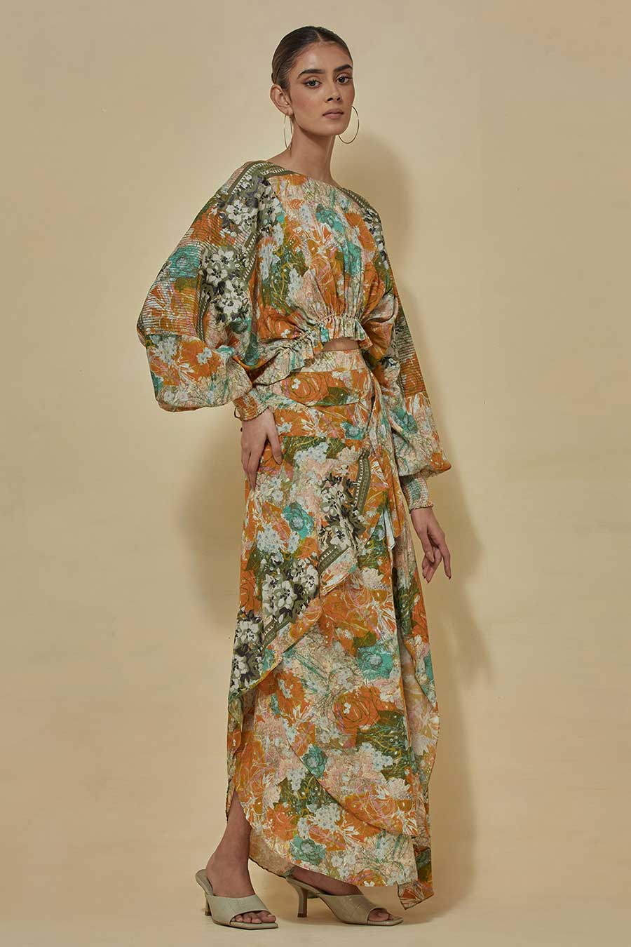 Printed Crop Top With Printed Draped Skirt