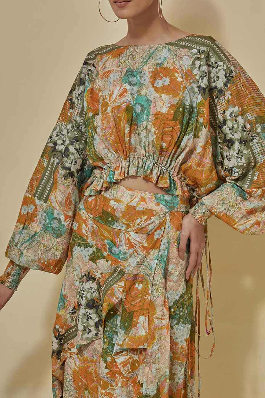 Printed Crop Top With Printed Draped Skirt
