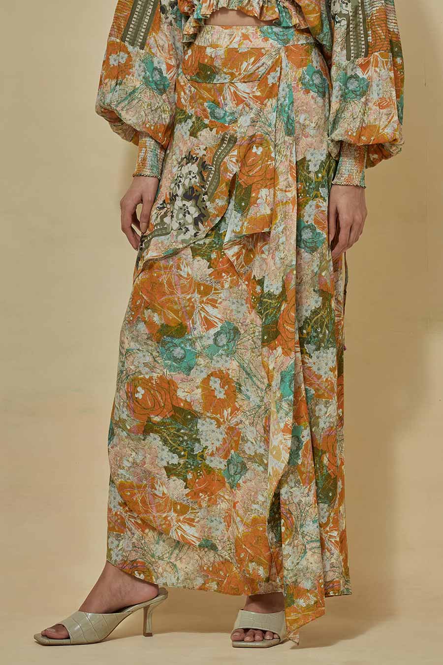 Printed Crop Top With Printed Draped Skirt