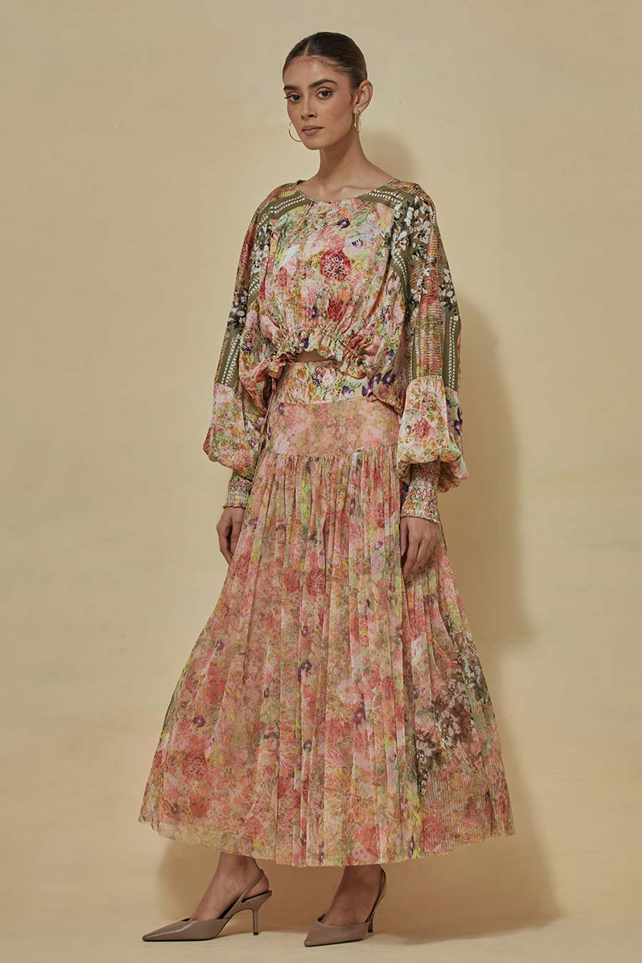 Printed Crop Top With Printed Gathered Skirt