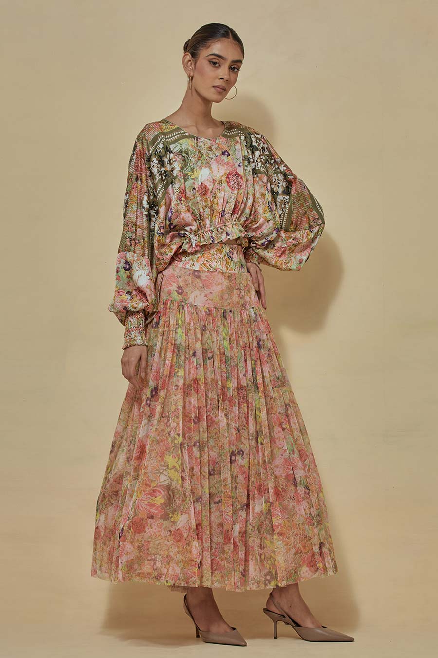 Printed Crop Top With Printed Gathered Skirt