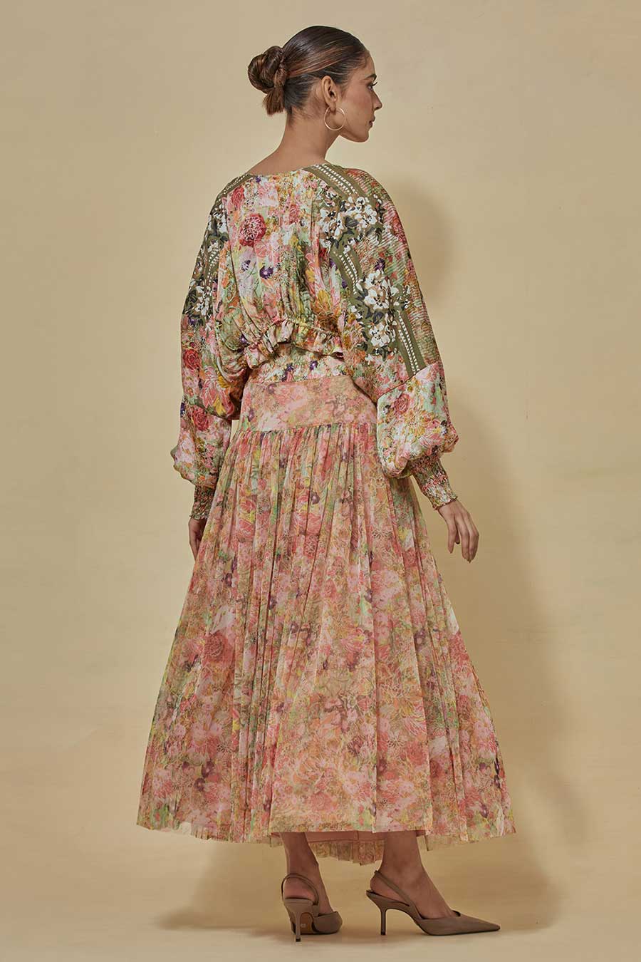 Printed Crop Top With Printed Gathered Skirt