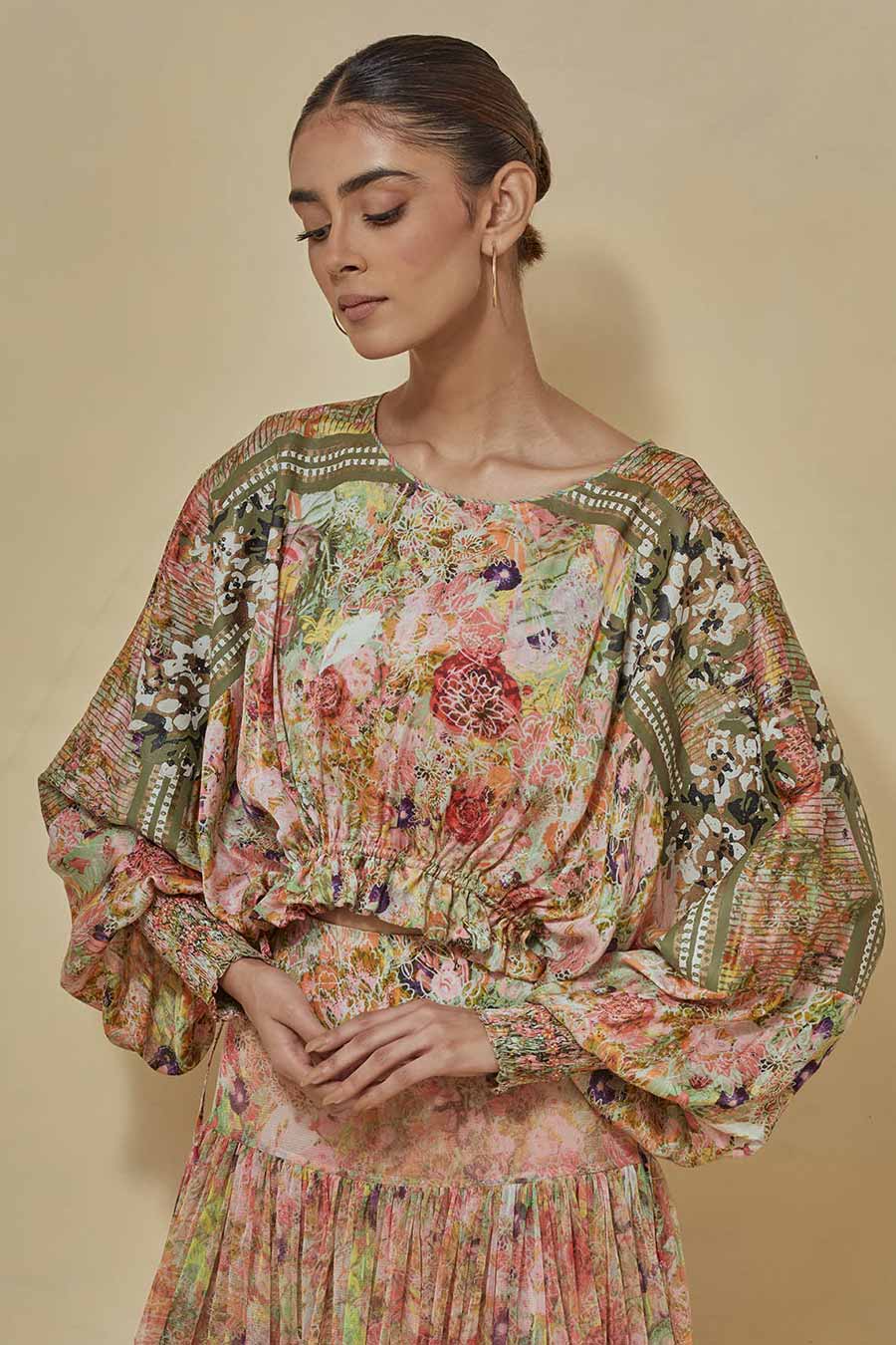 Printed Crop Top With Printed Gathered Skirt