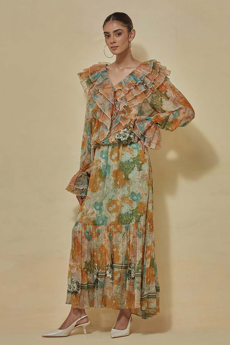 Organza Printed Ruffle Top With Tiered Skirt