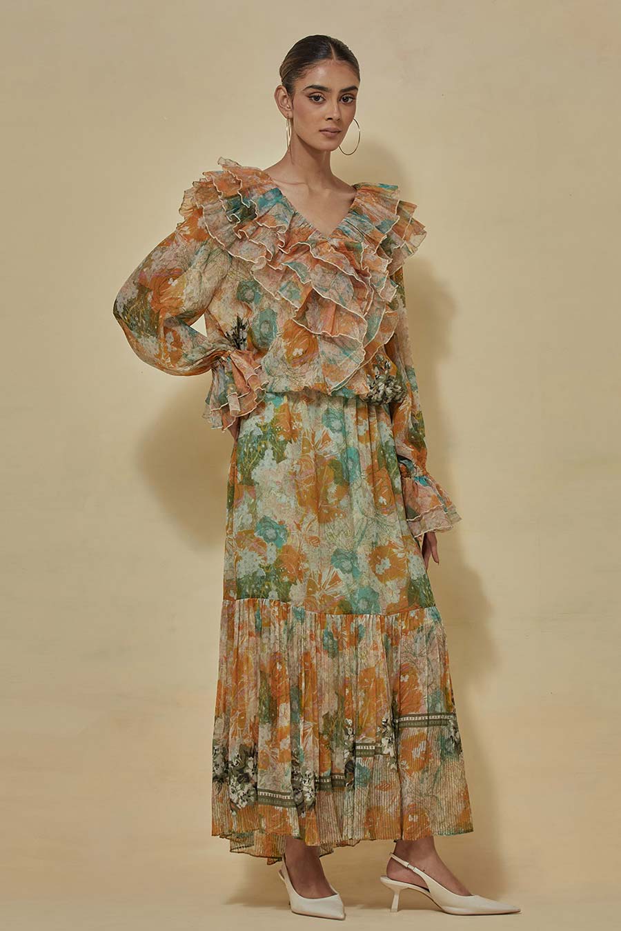 Organza Printed Ruffle Top With Tiered Skirt