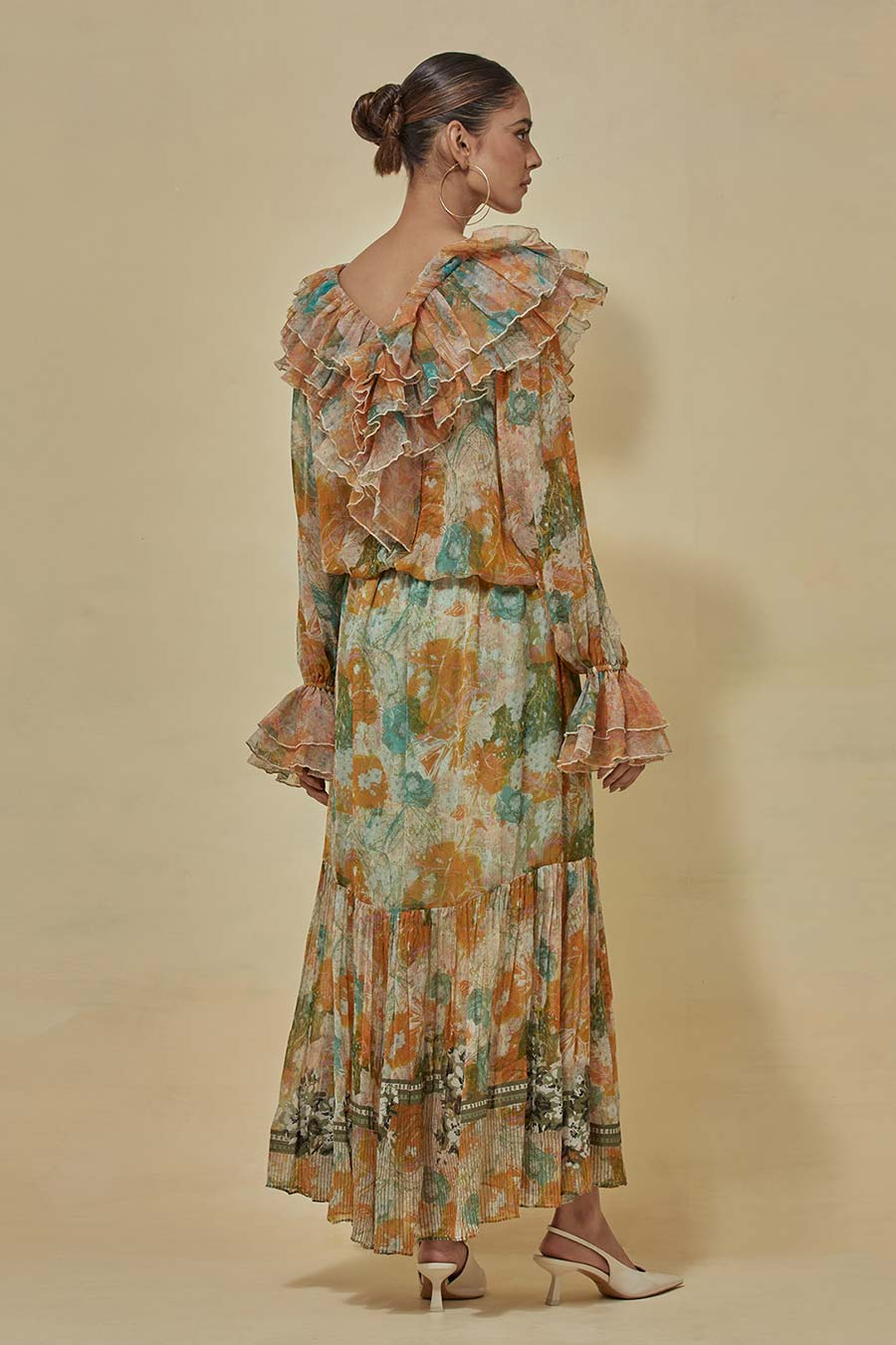 Organza Printed Ruffle Top With Tiered Skirt