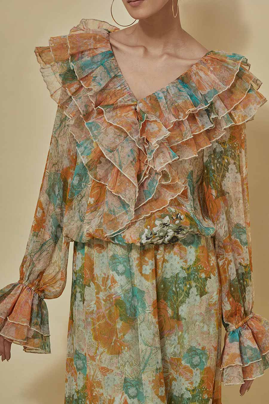 Organza Printed Ruffle Top With Tiered Skirt