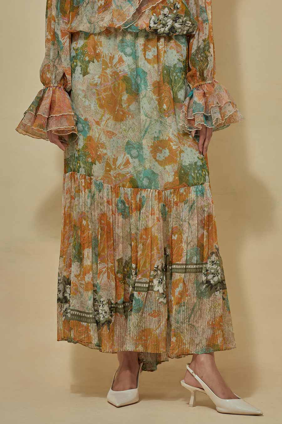 Organza Printed Ruffle Top With Tiered Skirt