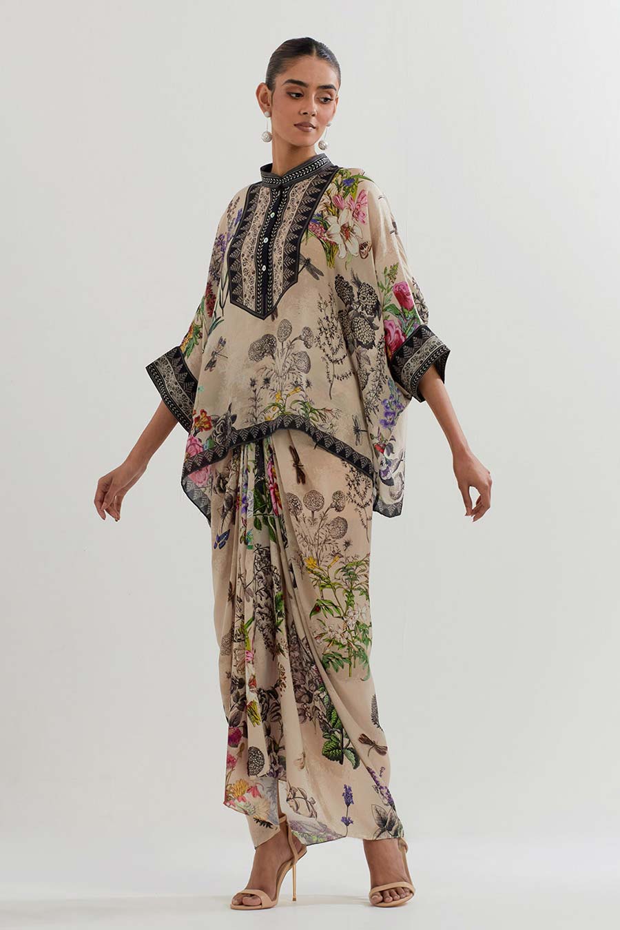 Botanical Printed Kaftan Top & Drape Skirt Set