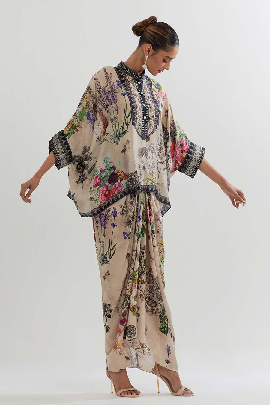 Botanical Printed Kaftan Top & Drape Skirt Set