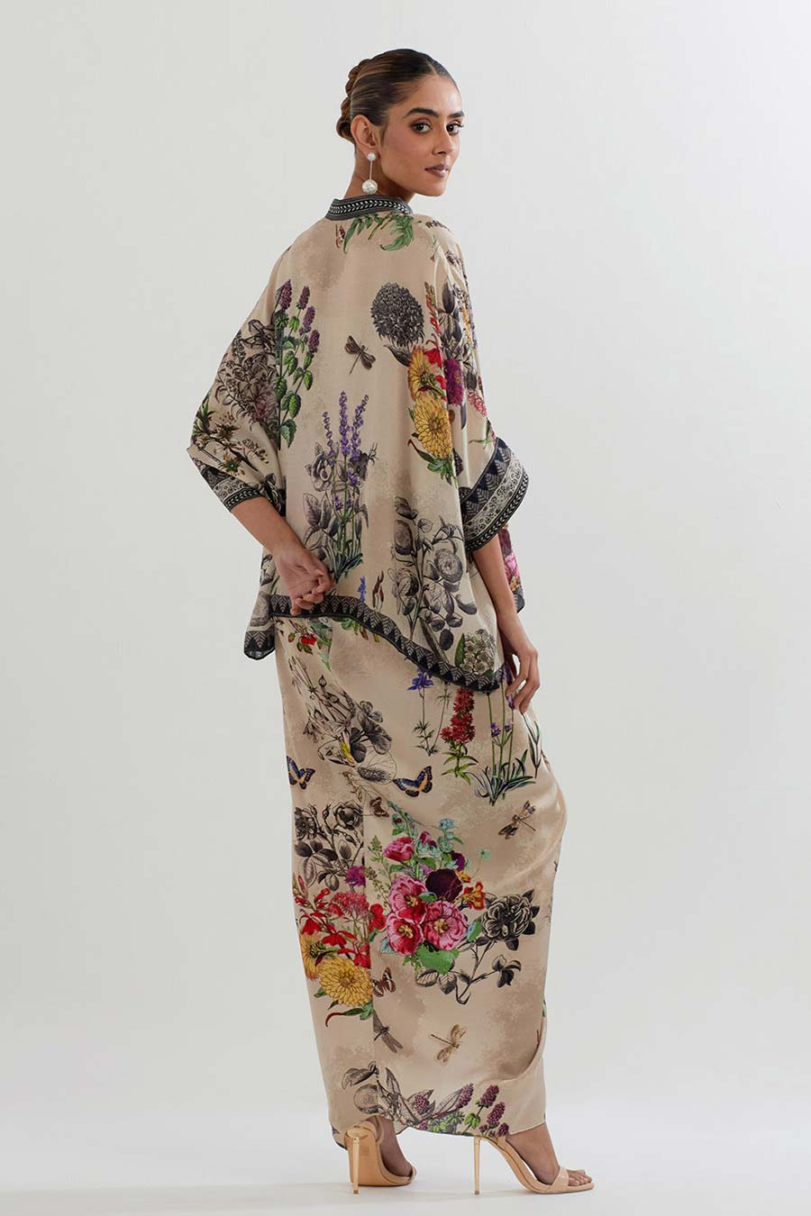 Botanical Printed Kaftan Top & Drape Skirt Set