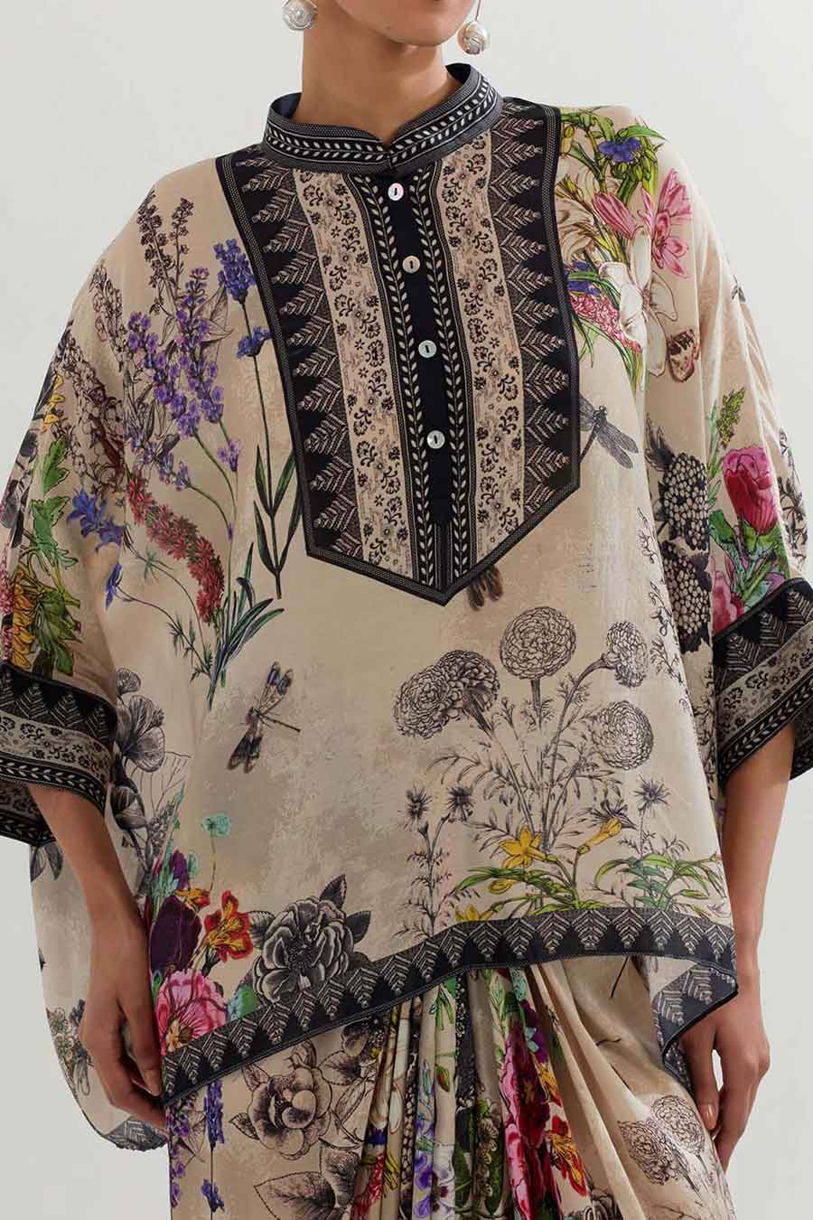 Botanical Printed Kaftan Top & Drape Skirt Set