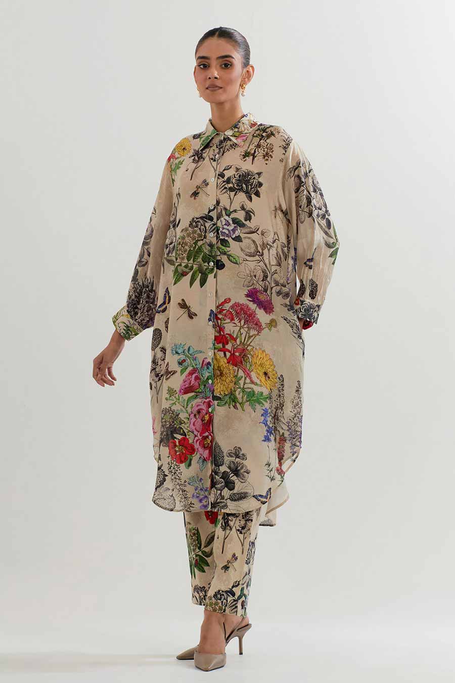 Botanical Printed Long Shirt & Lycra Pants Co-Ord Set