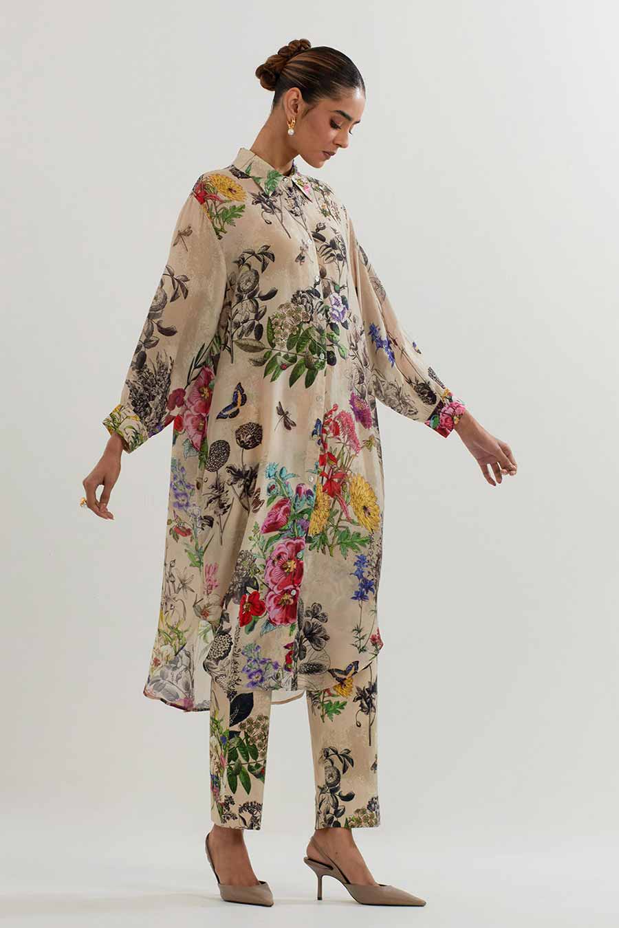 Botanical Printed Long Shirt & Lycra Pants Co-Ord Set
