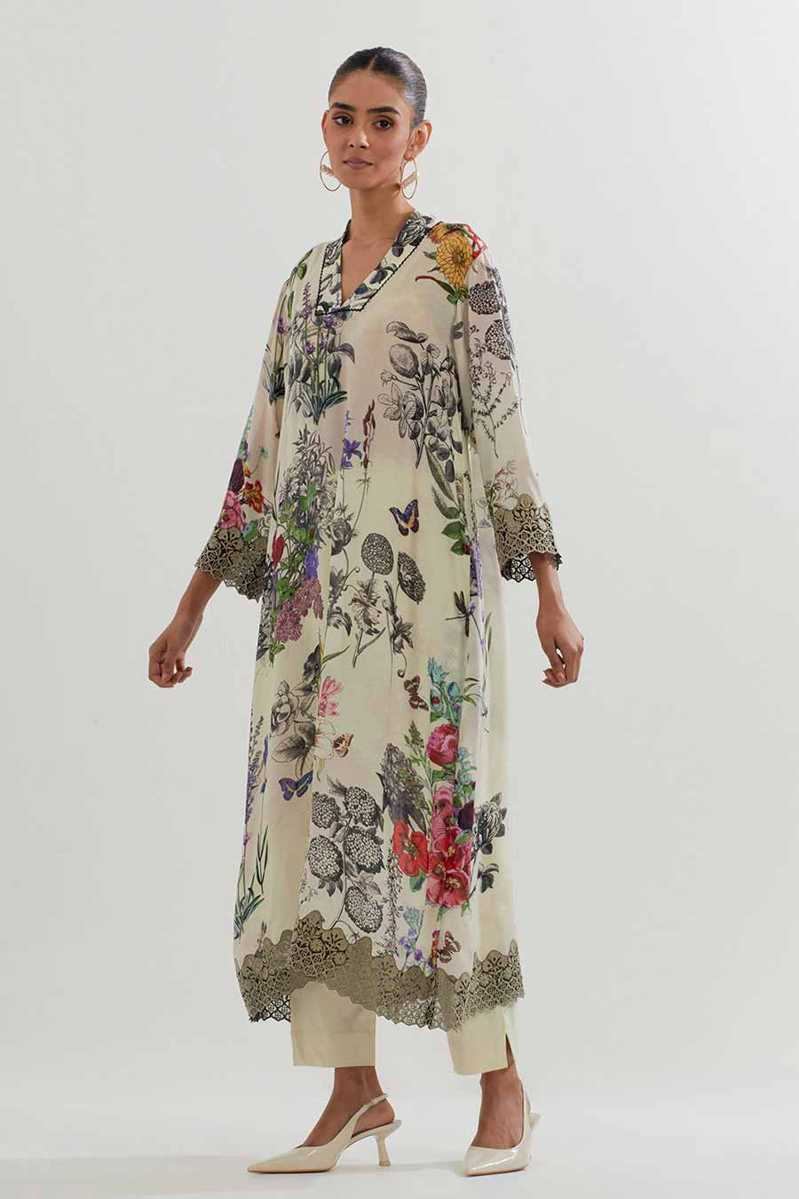 Ivory Printed Shirt & Lycra Pants Co-Ord Set