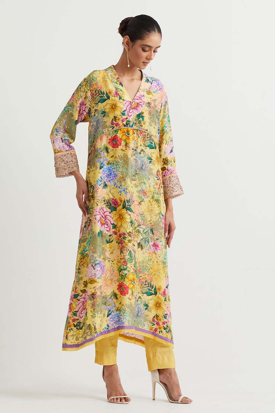 Yellow Floral Print Embroidered Kurta & Pant Set