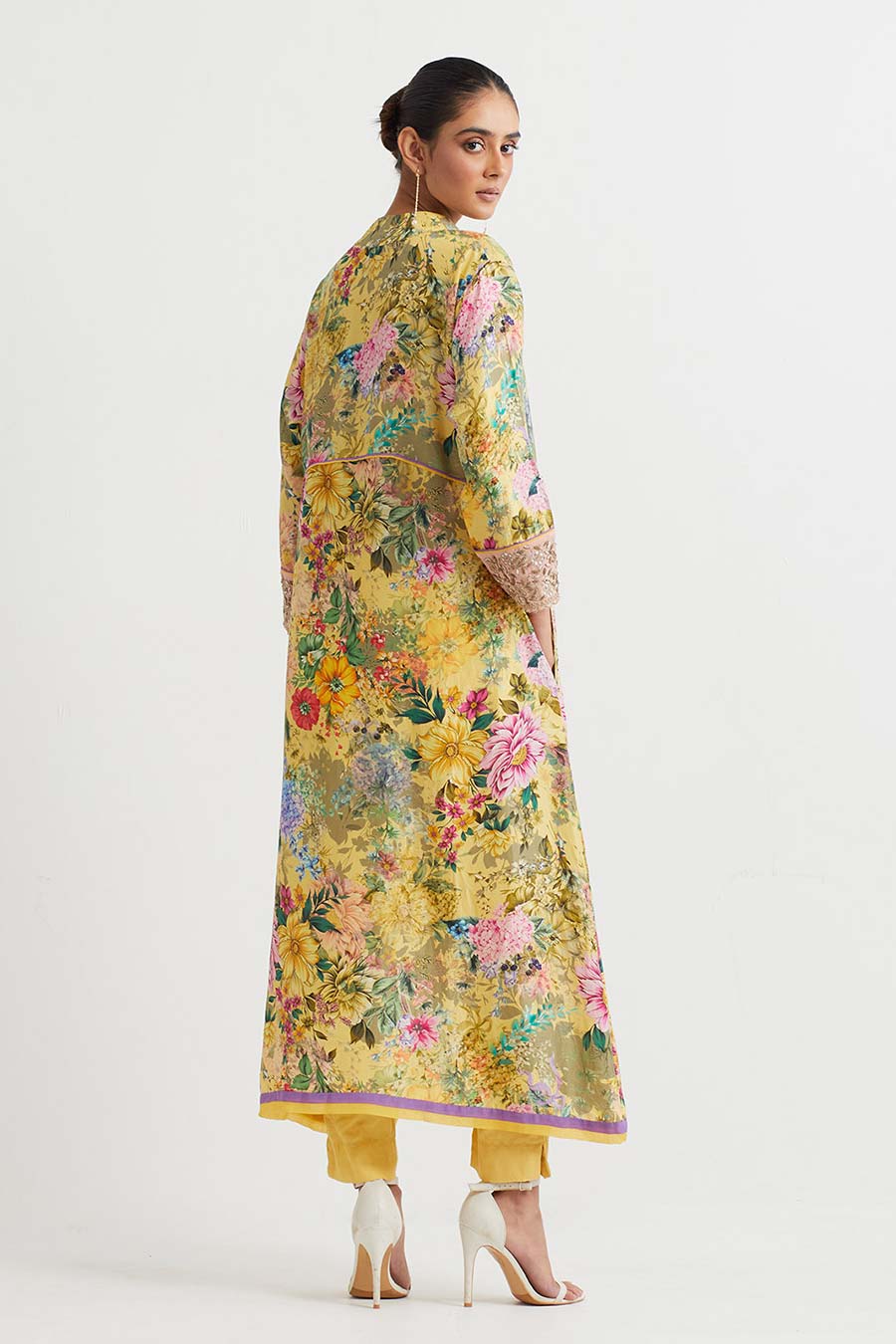 Yellow Floral Print Embroidered Kurta & Pant Set