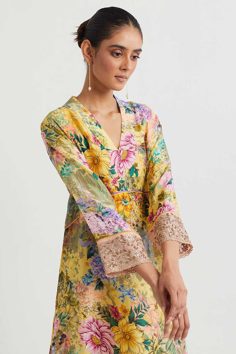 Yellow Floral Print Embroidered Kurta & Pant Set