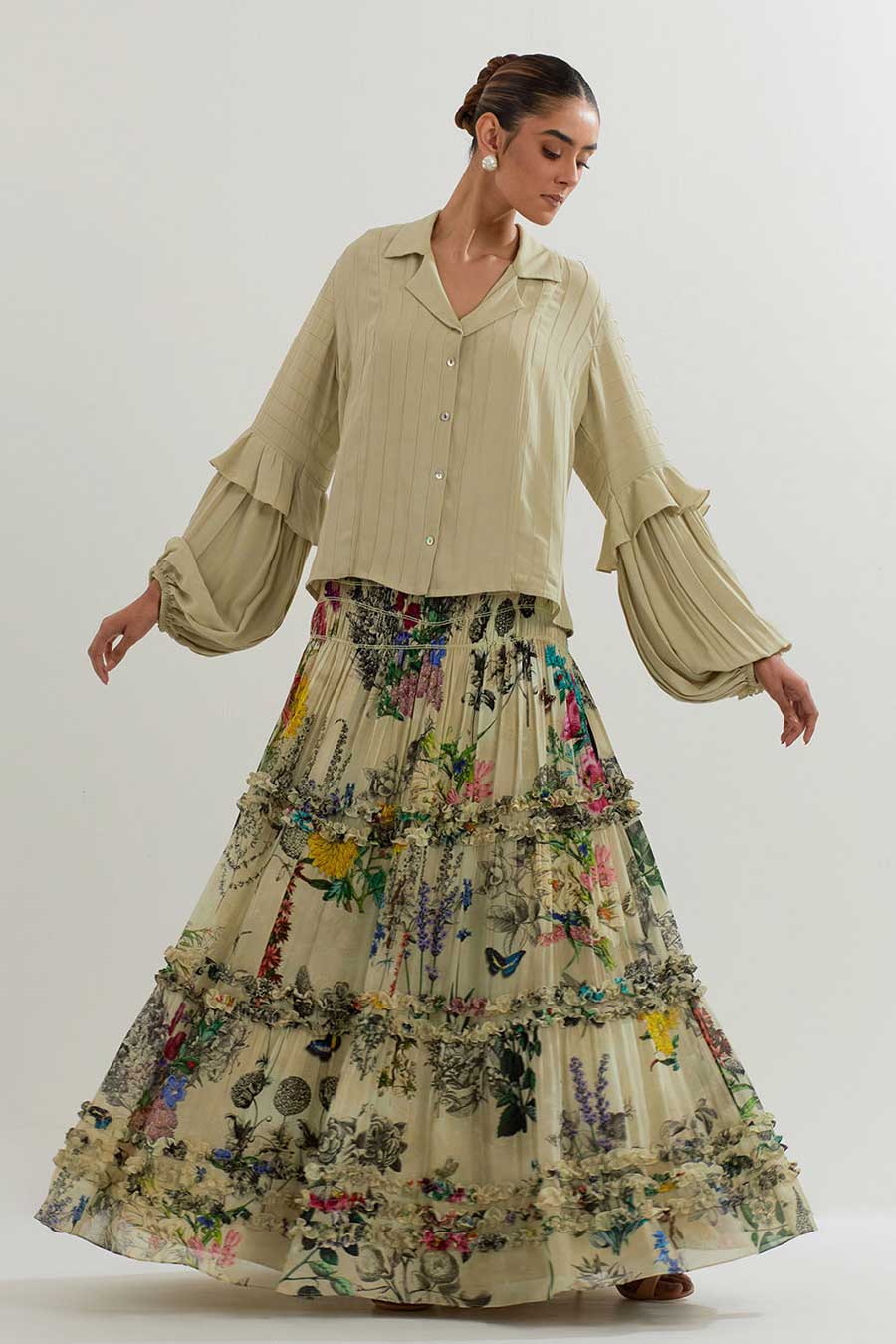 Ruffle Shirt & Printed Skirt Co-Ord Set