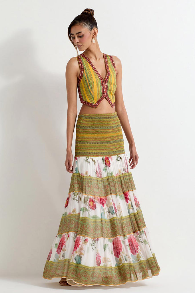 Shop Daisy Multicolour Printed Waist Coat Skirt Set by KAVITA