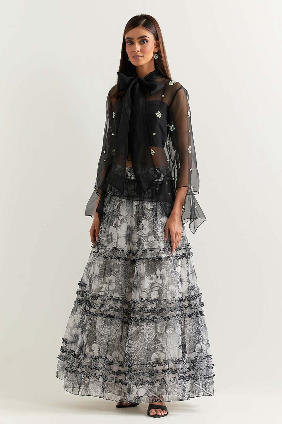 Black Embellished Organza Top With Printed Skirt