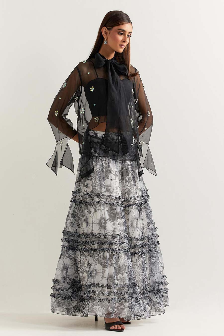 Black Embellished Organza Top With Printed Skirt