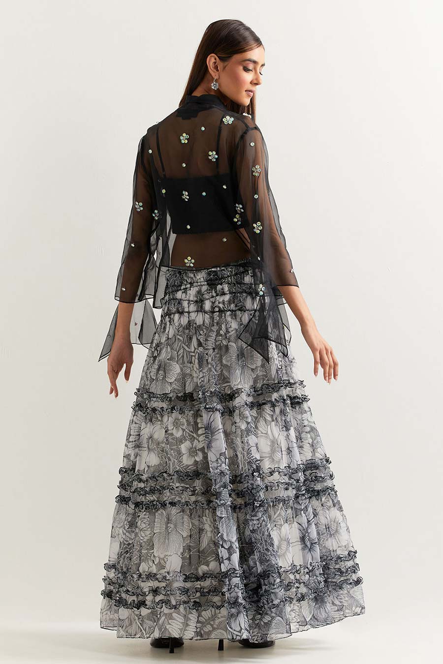 Black Embellished Organza Top With Printed Skirt