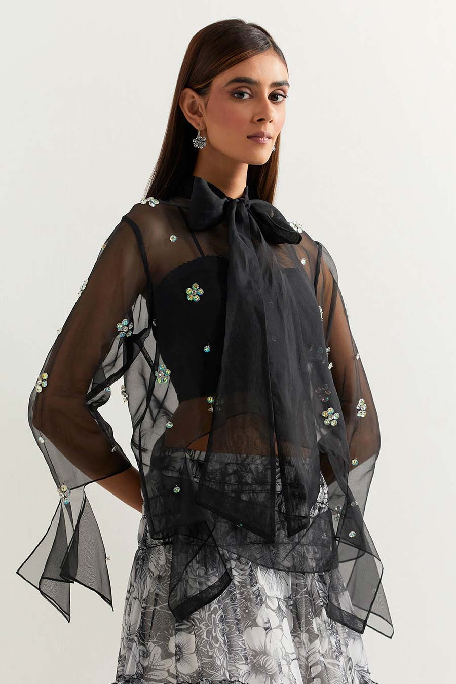 Black Embellished Organza Top With Printed Skirt