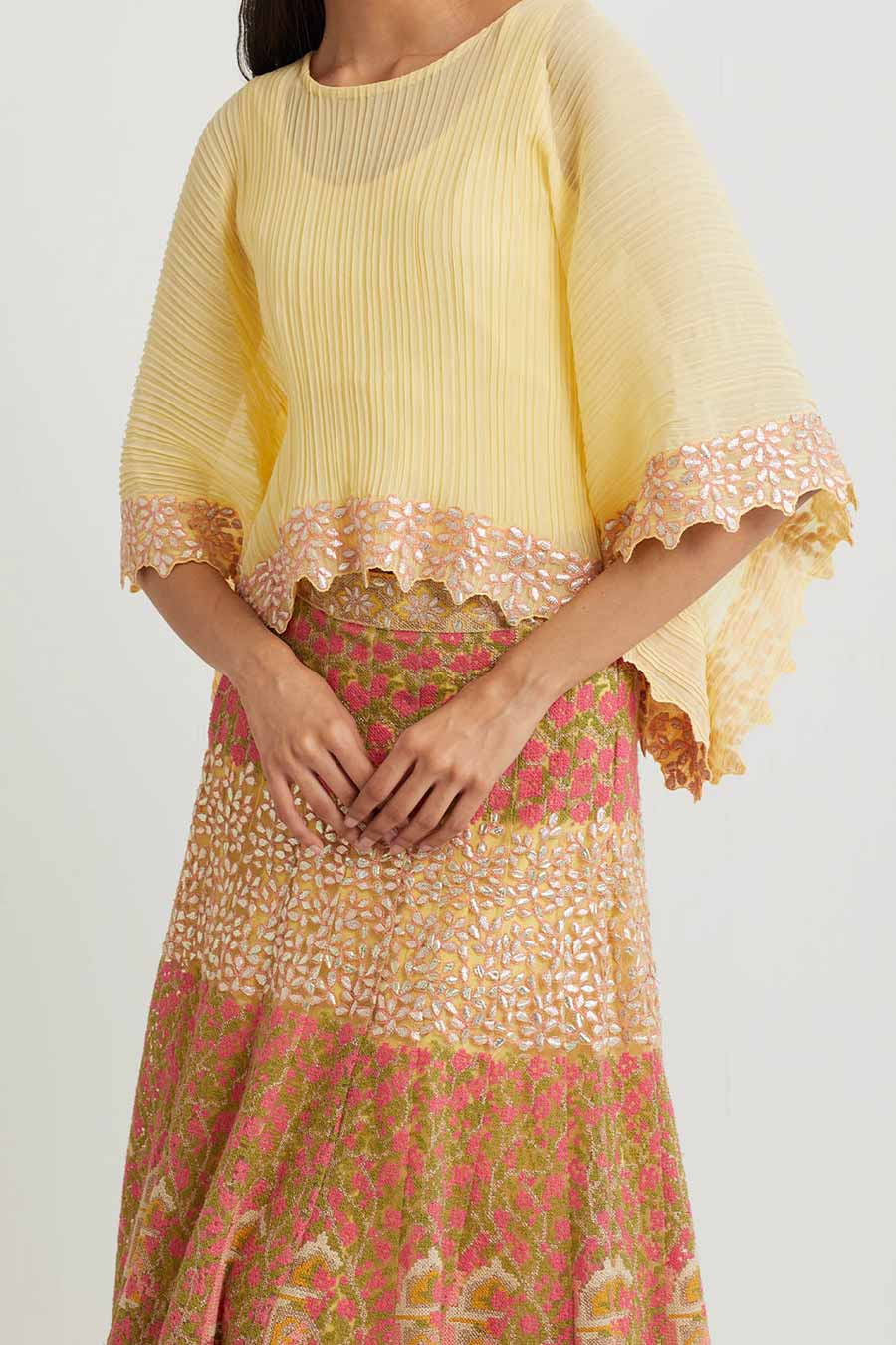 Yellow Embroidered Cape & Cross Stitch Skirt Set