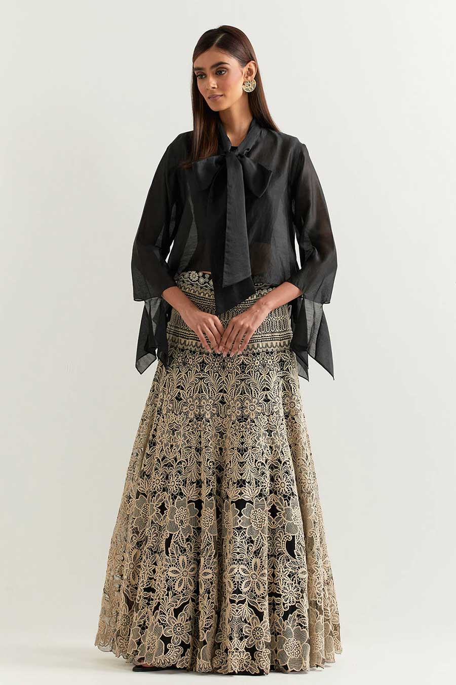 Black Shirt With Black & White Lace Mesh Skirt