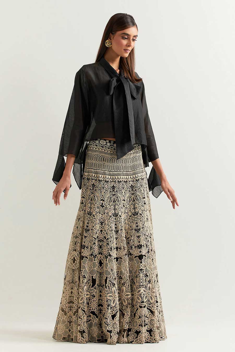 Black Shirt With Black & White Lace Mesh Skirt