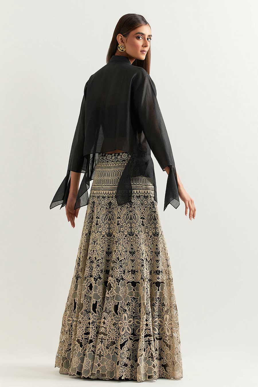 Black Shirt With Black & White Lace Mesh Skirt