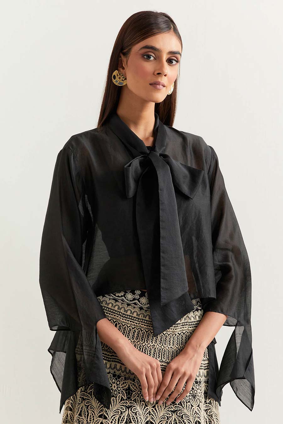 Black Shirt With Black & White Lace Mesh Skirt