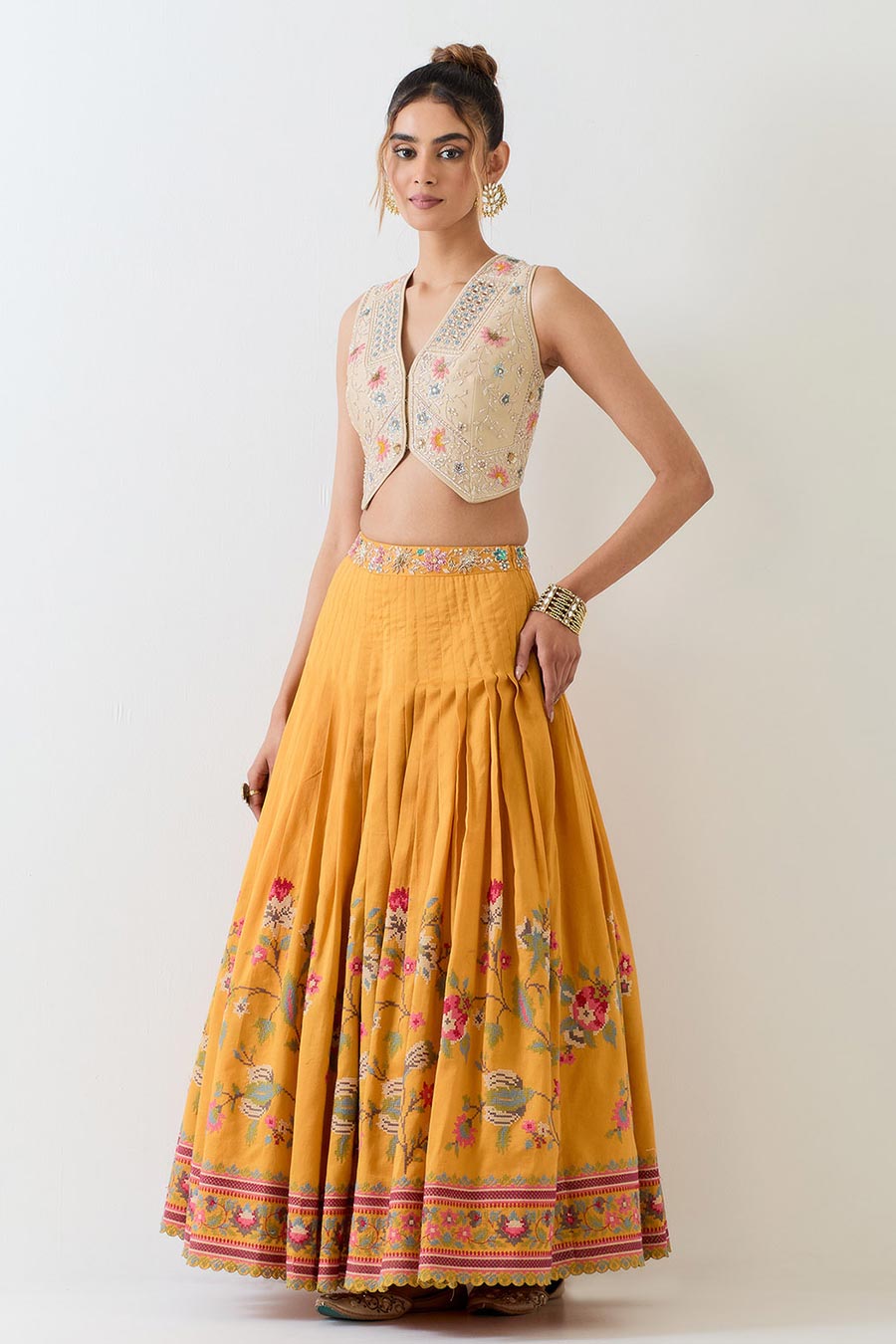 Hand Embellished Beige Waistcoat & Yellow Skirt Set