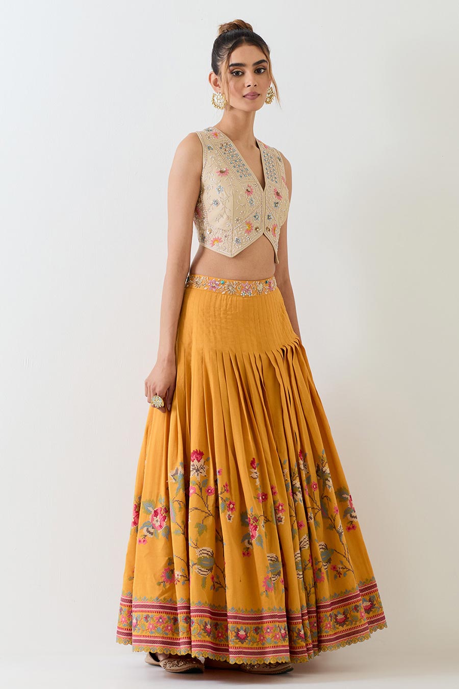 Hand Embellished Beige Waistcoat & Yellow Skirt Set