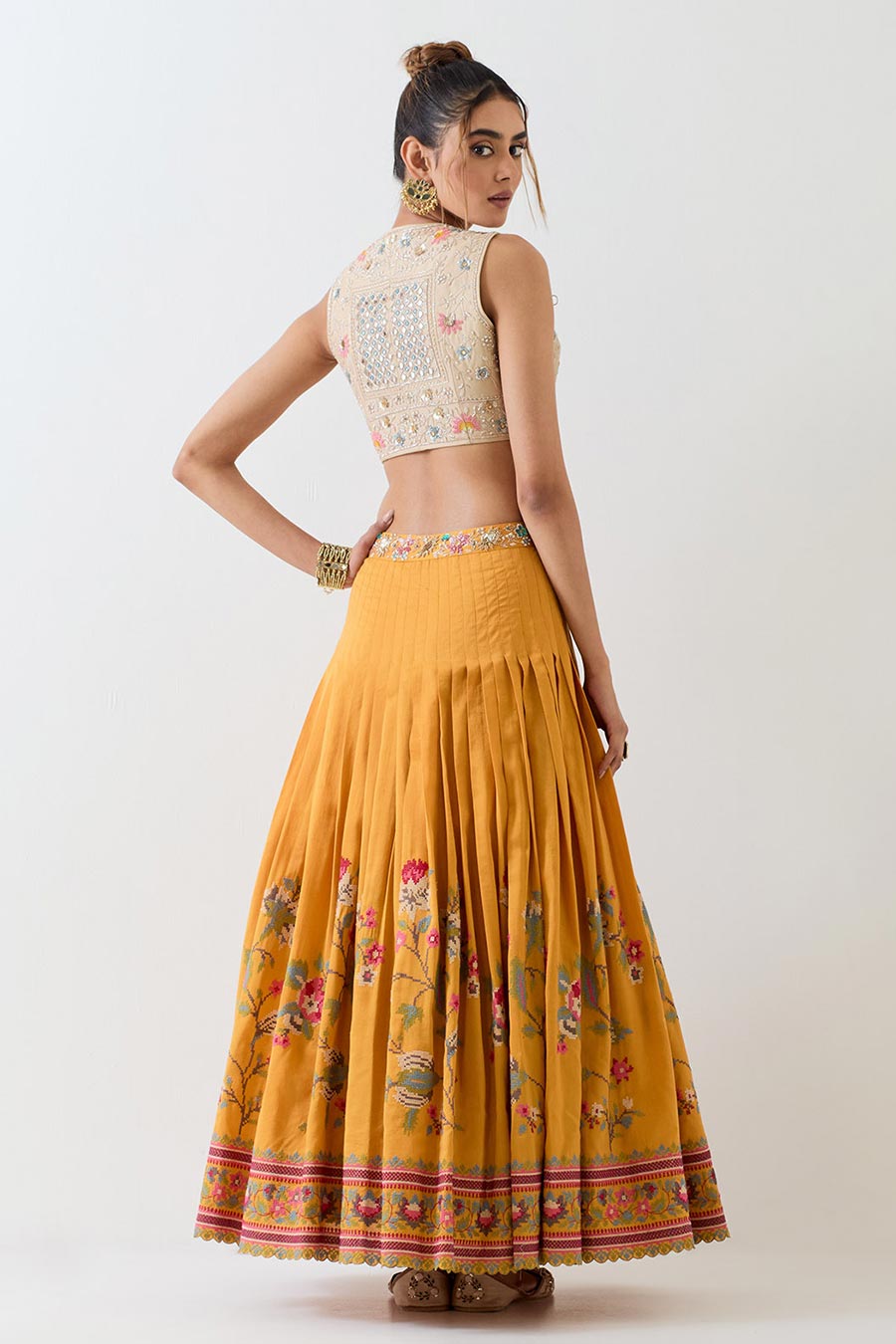 Hand Embellished Beige Waistcoat & Yellow Skirt Set