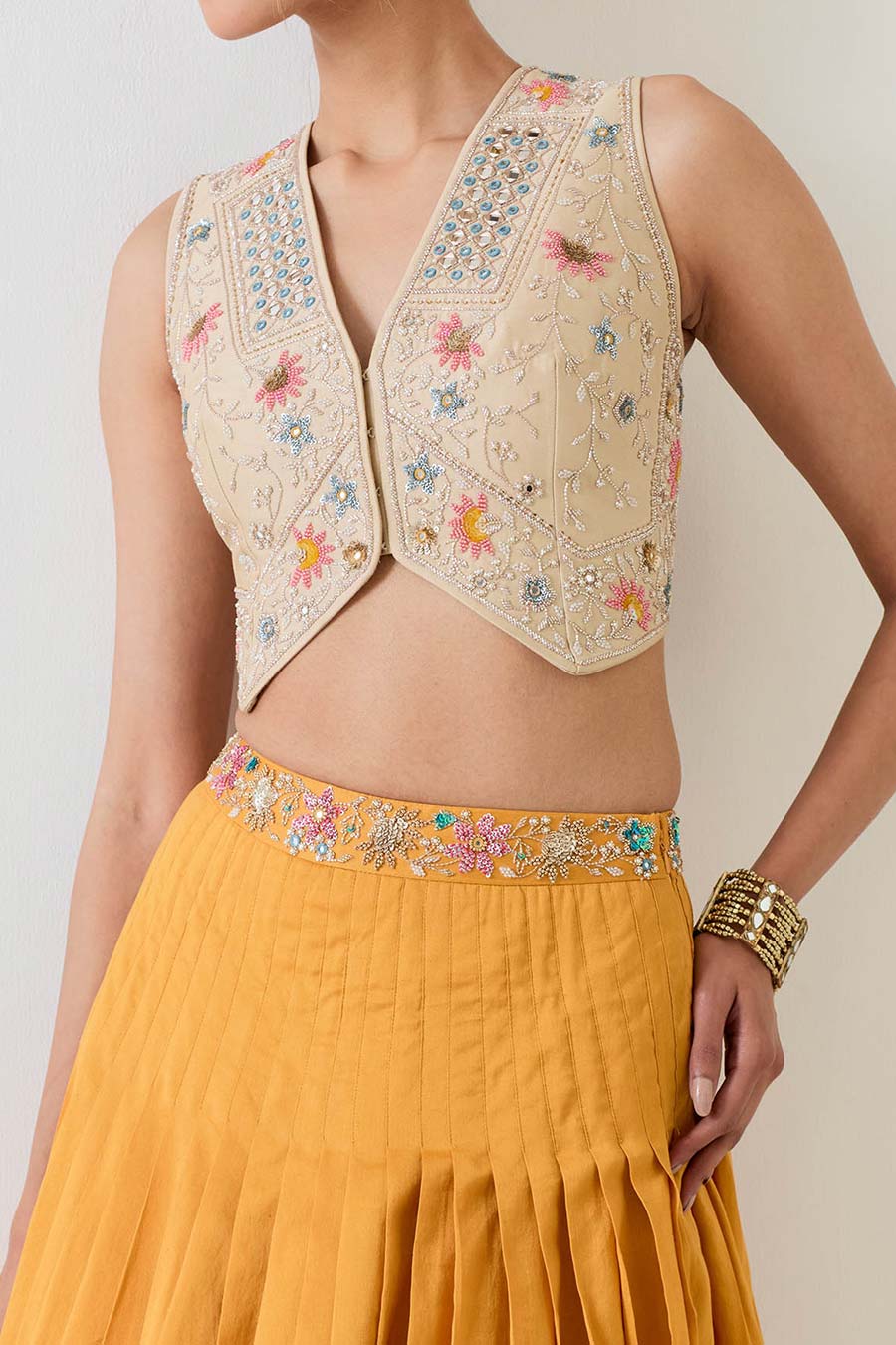 Hand Embellished Beige Waistcoat & Yellow Skirt Set