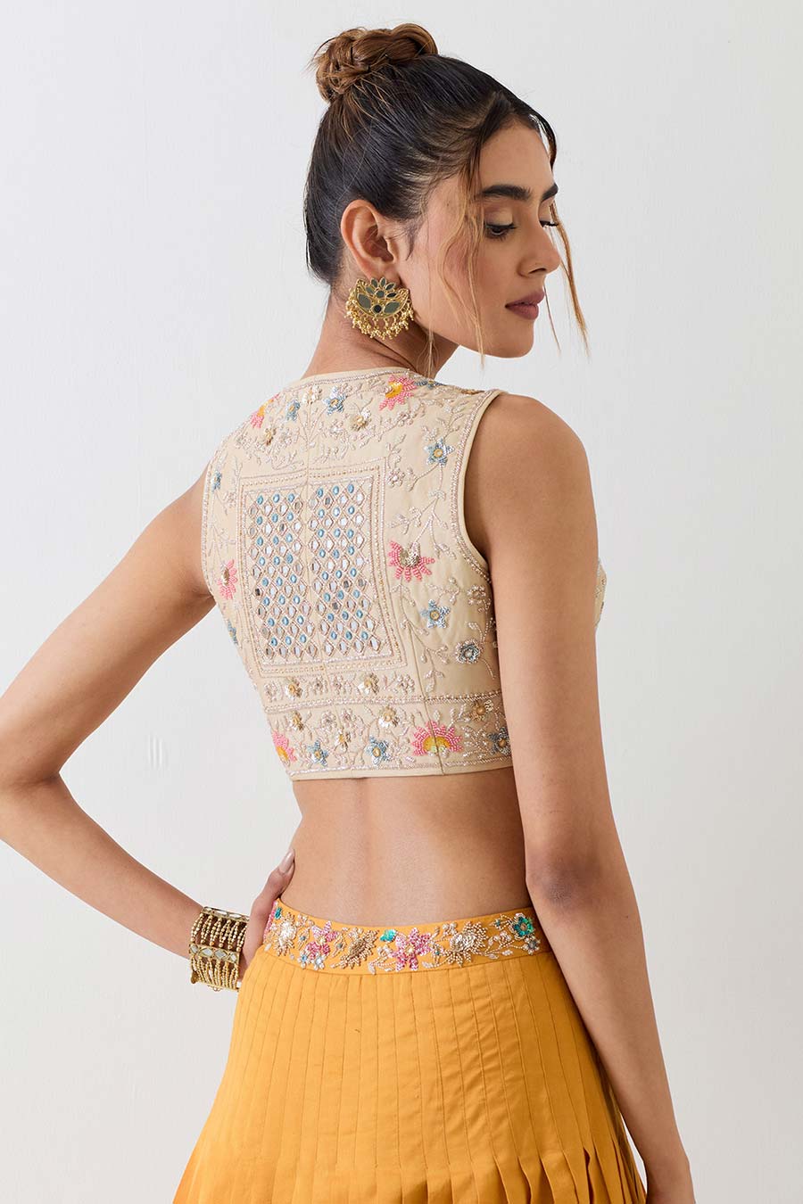 Hand Embellished Beige Waistcoat & Yellow Skirt Set