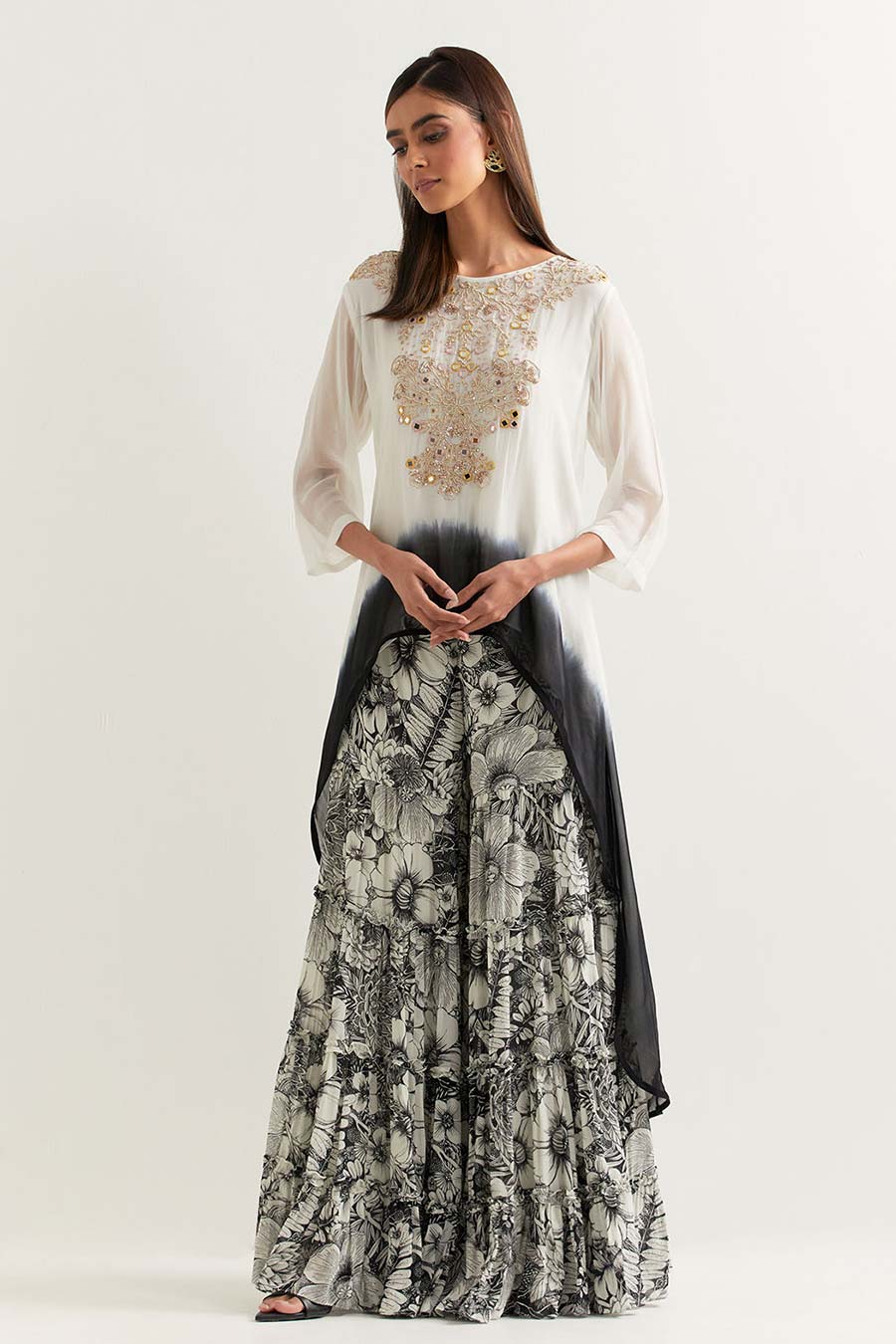 Black & White Embroidered Tunic With Printed Gharara